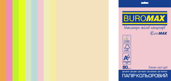 Фото - Папір кольоровий Euromax 80г/м2, PASTEL+NEON, 10кольорів, 20арк 63814 Фото - Папір кольоровий Euromax 80г/м2, PASTEL+NEON, 10кольорів, 20арк 63814