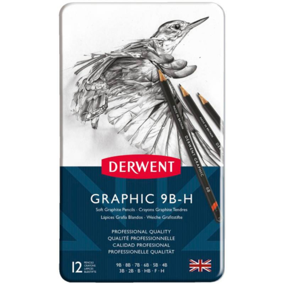 Фото - Набір графітних олівців Graphic Soft, 12 шт (9B-H), в метал. коробці, Derwent 57316 Фото - Набір графітних олівців Graphic Soft, 12 шт (9B-H), в метал. коробці, Derwent 57316