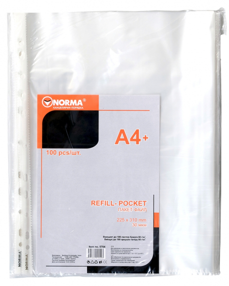 Фото - Файл, A4, PP, 30мкн., гладкий, прозр., уп.100шт.,5704 , NORMA, в ящ 30шт 33114