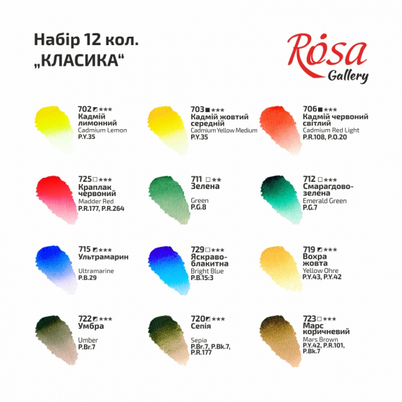 Фото - Набір акварельних фарб CLASSIC, 12*2,5мл, кювета, картон, ROSA Gallery 39819 Фото - Набір акварельних фарб CLASSIC, 12*2,5мл, кювета, картон, ROSA Gallery 39819